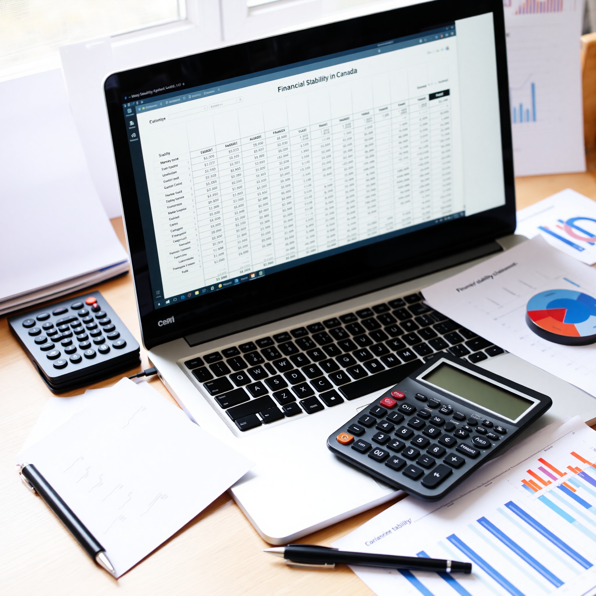 Budget planning spreadsheet with financial charts and calculator on desk