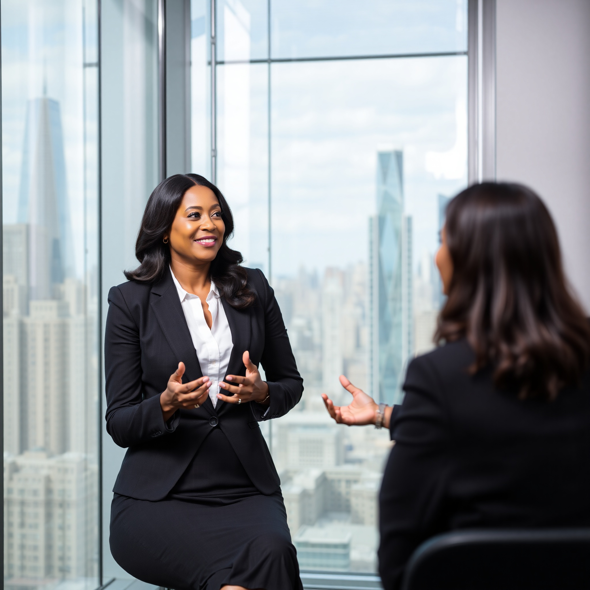 Career professional woman in modern office discussing salary negotiation and income growth