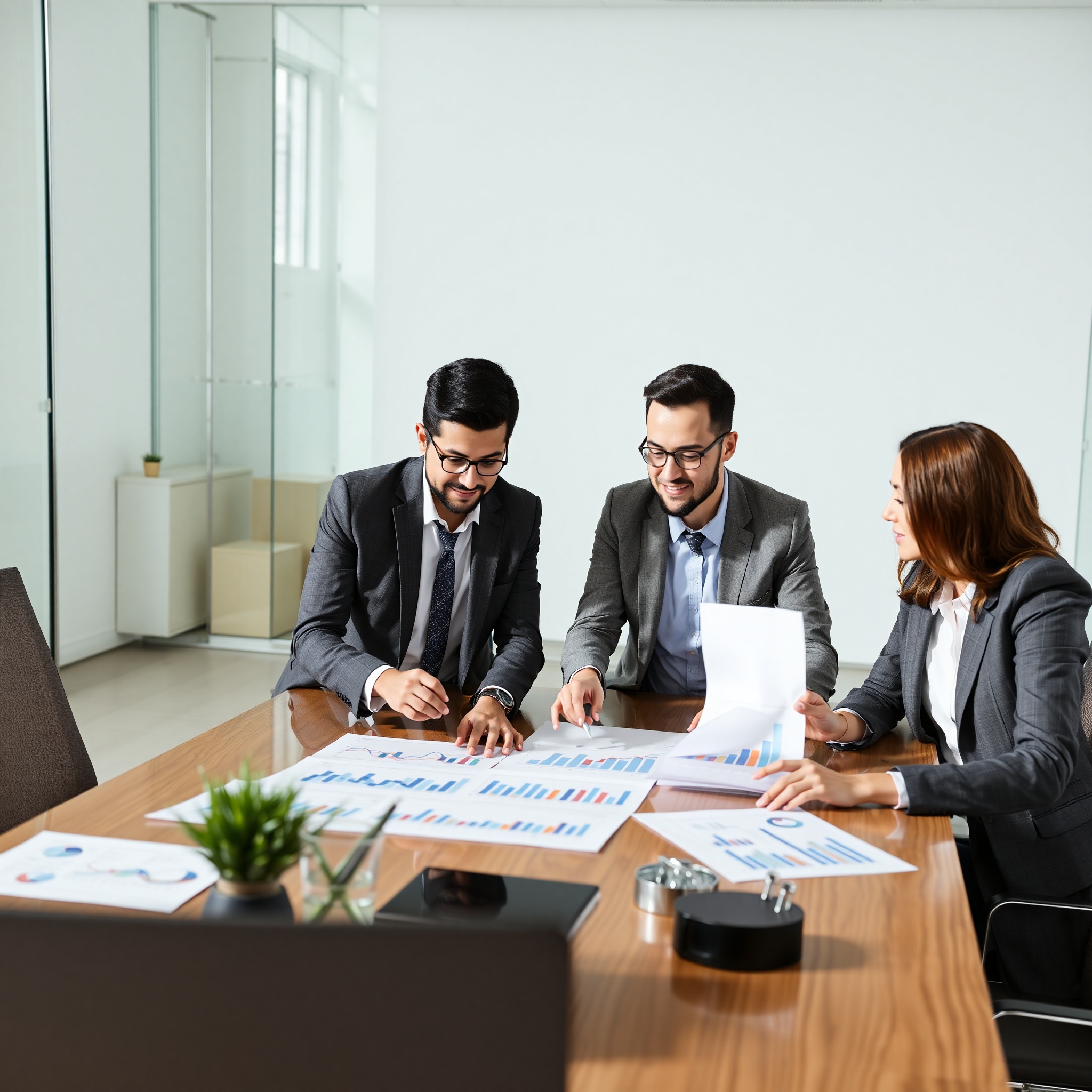 Diverse team of professionals collaborating on business strategy with charts and financial data on table