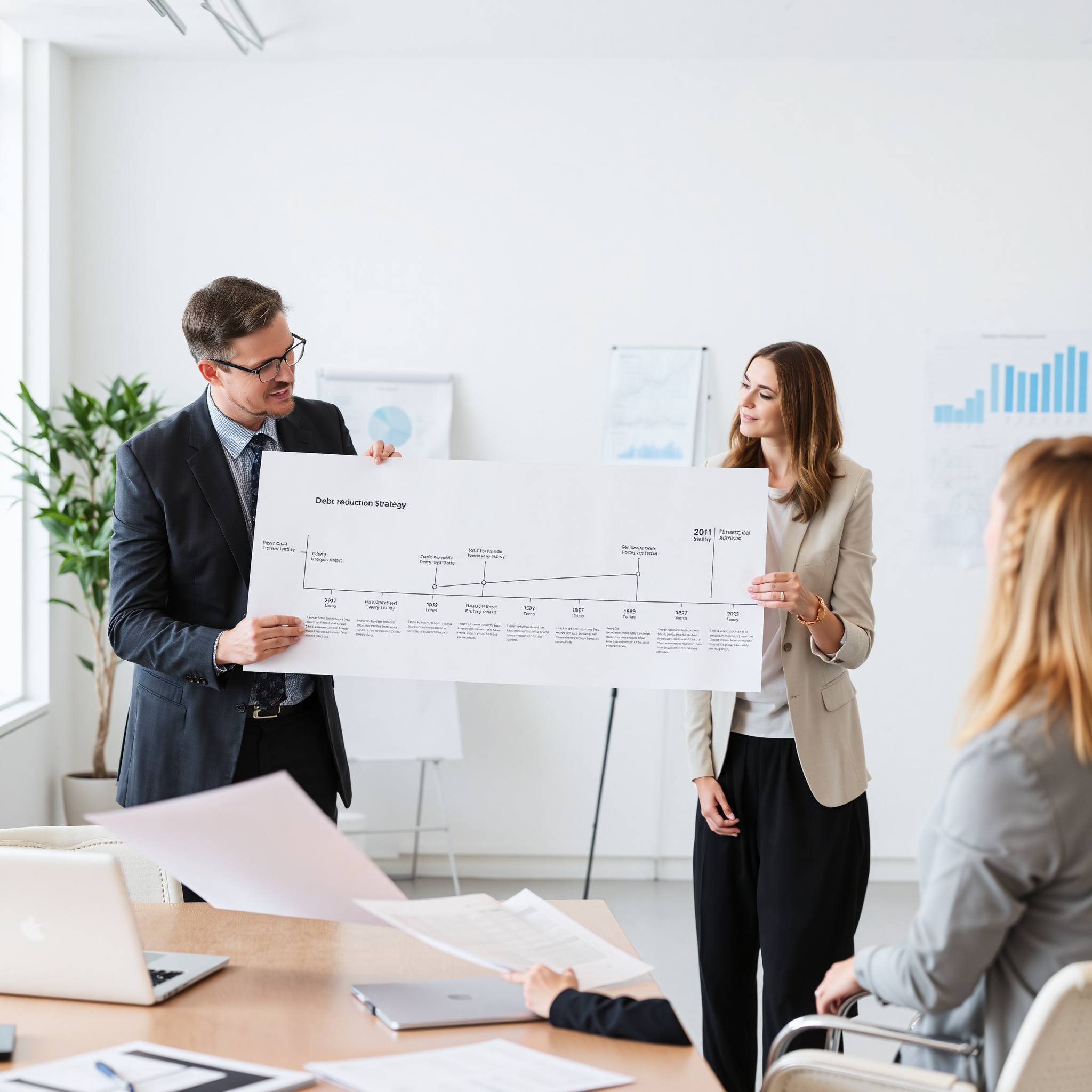 Financial professional creating strategic debt elimination plan with client using timeline chart