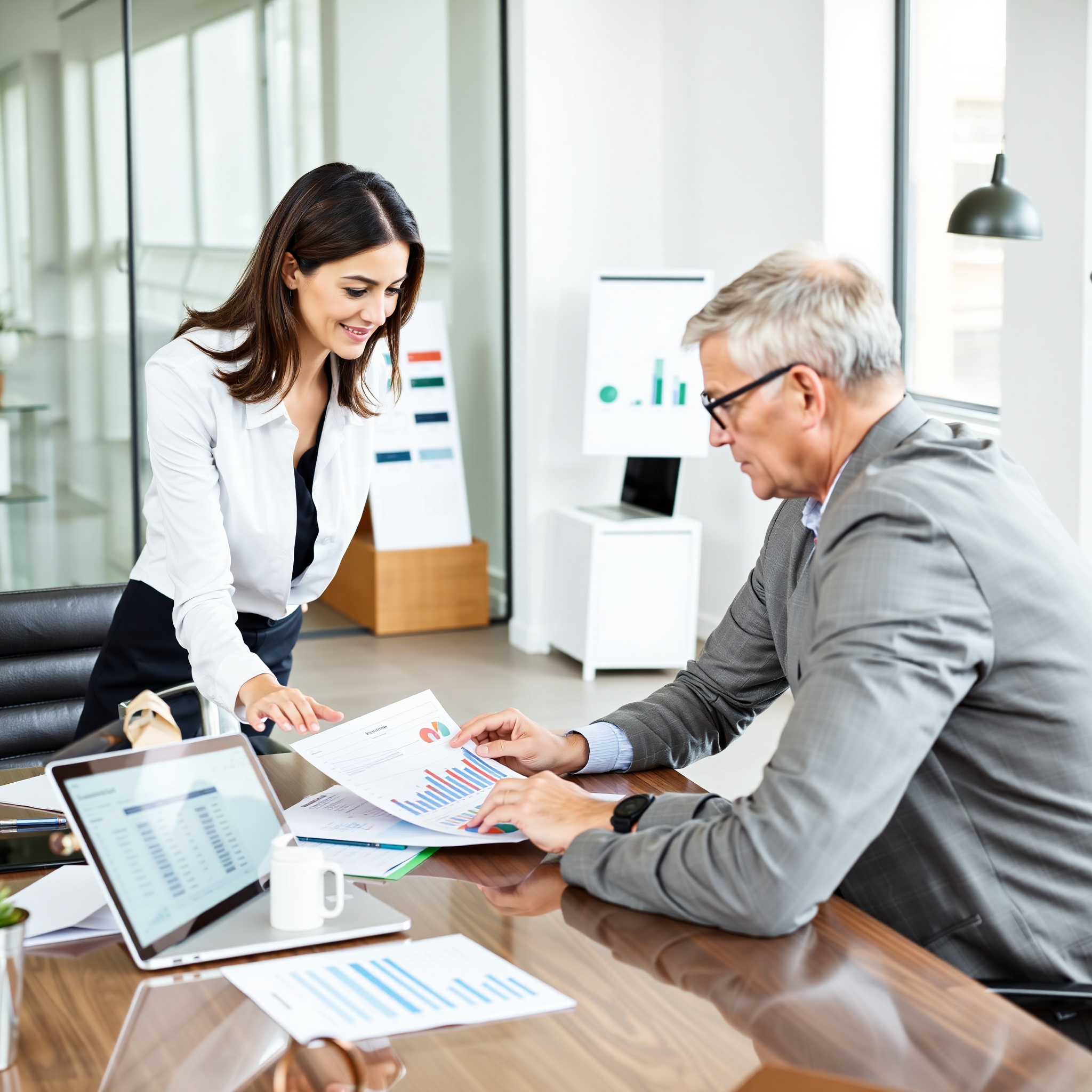 Financial planner explaining budget breakdown pie chart to client in professional office setting