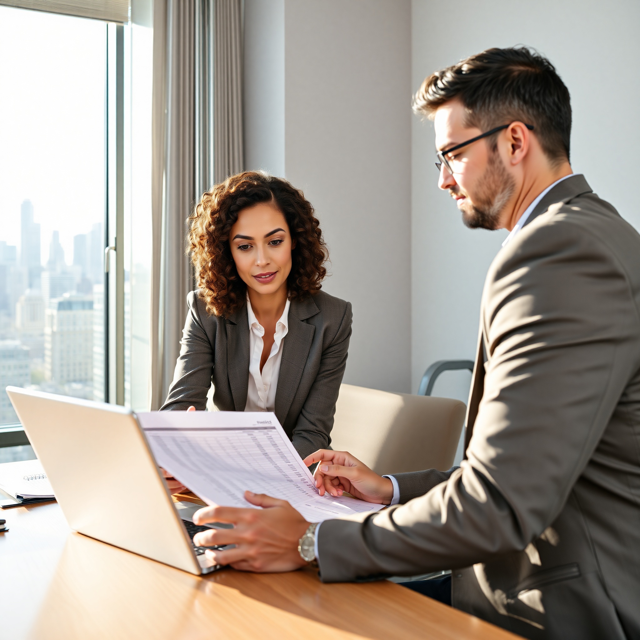 Professional financial advisor reviewing budget plan with client at modern office desk