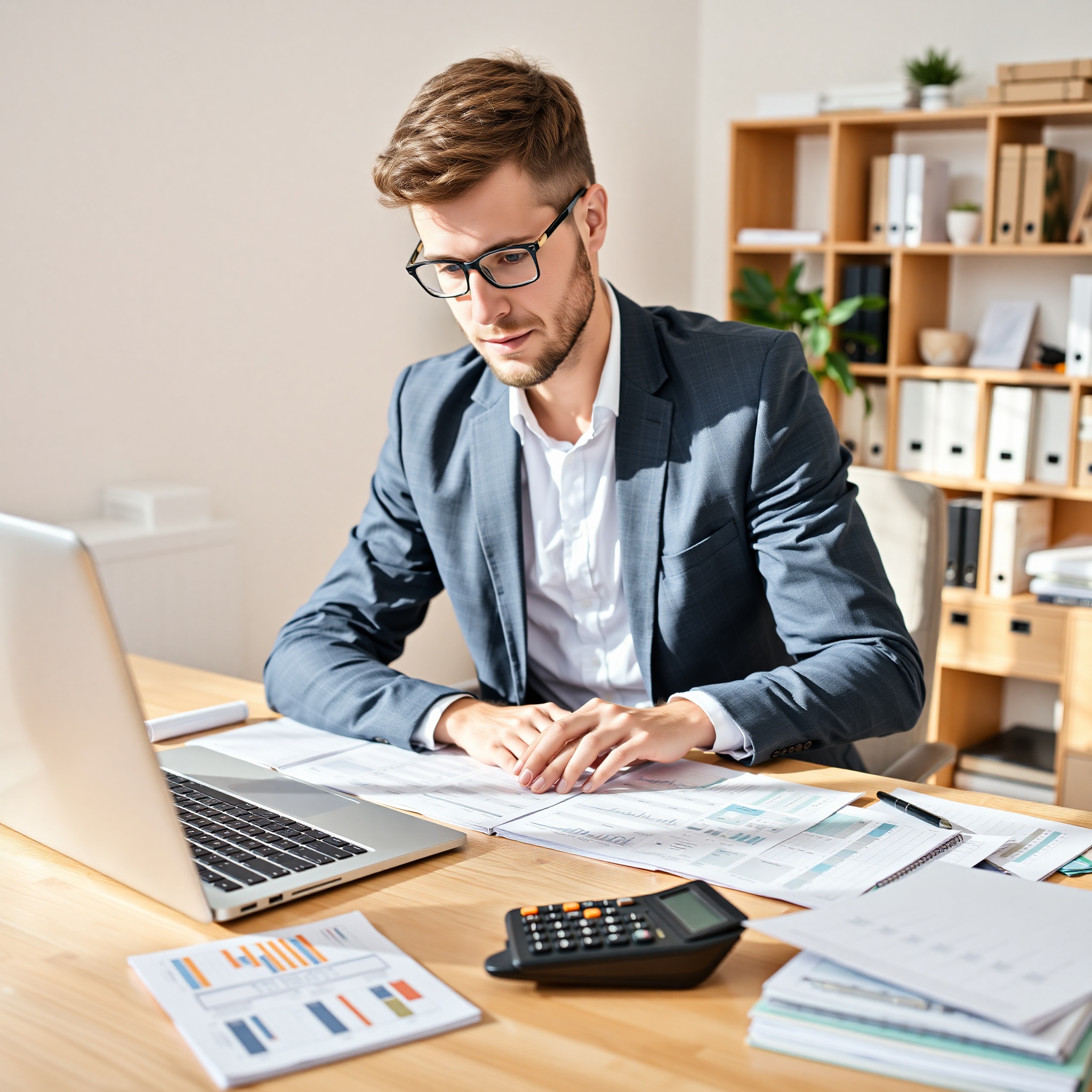 Financial planner reviewing budget spreadsheet with calculator and notebook