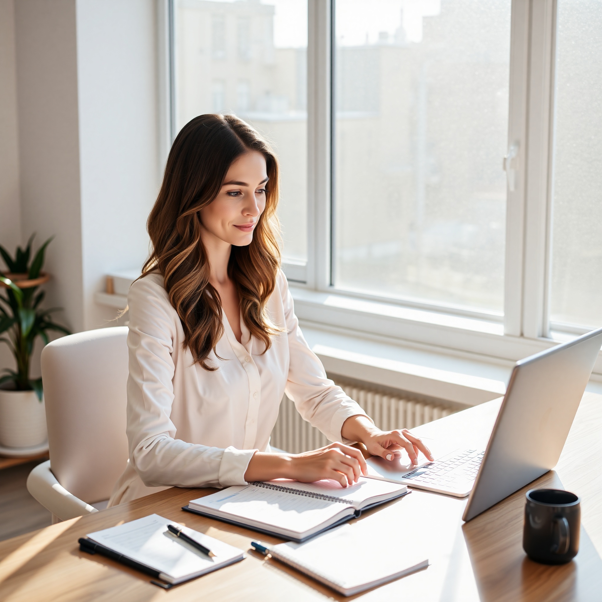 Professional woman at computer researching income opportunities and career advancement strategies in modern home office