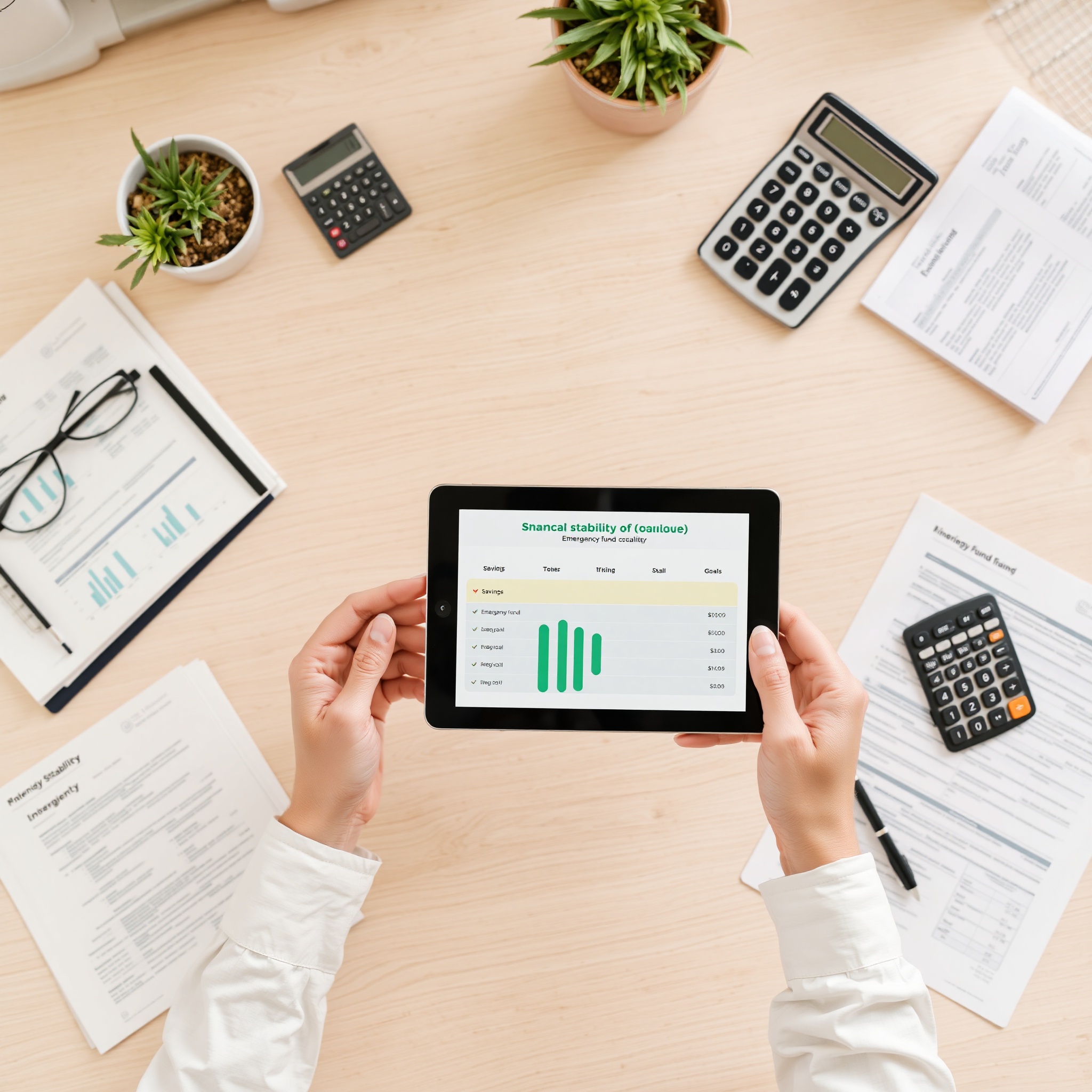 Person reviewing emergency fund savings tracker on tablet with financial documents organized on desk
