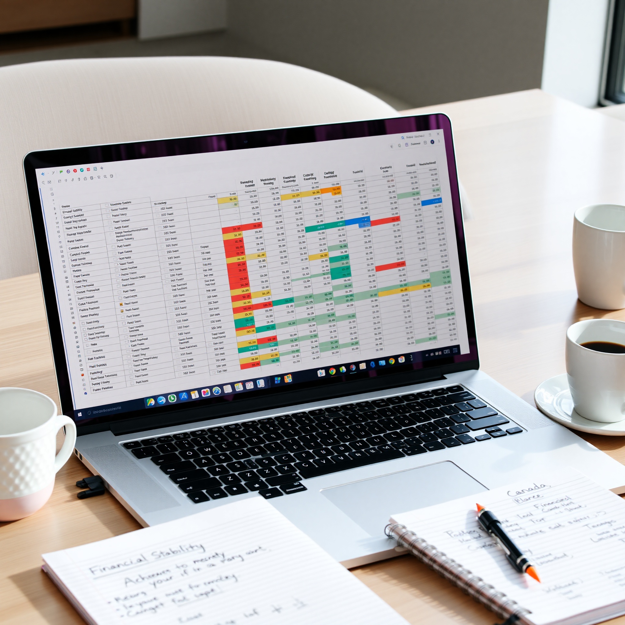 Professional creating detailed monthly budget spreadsheet with income and expense categories