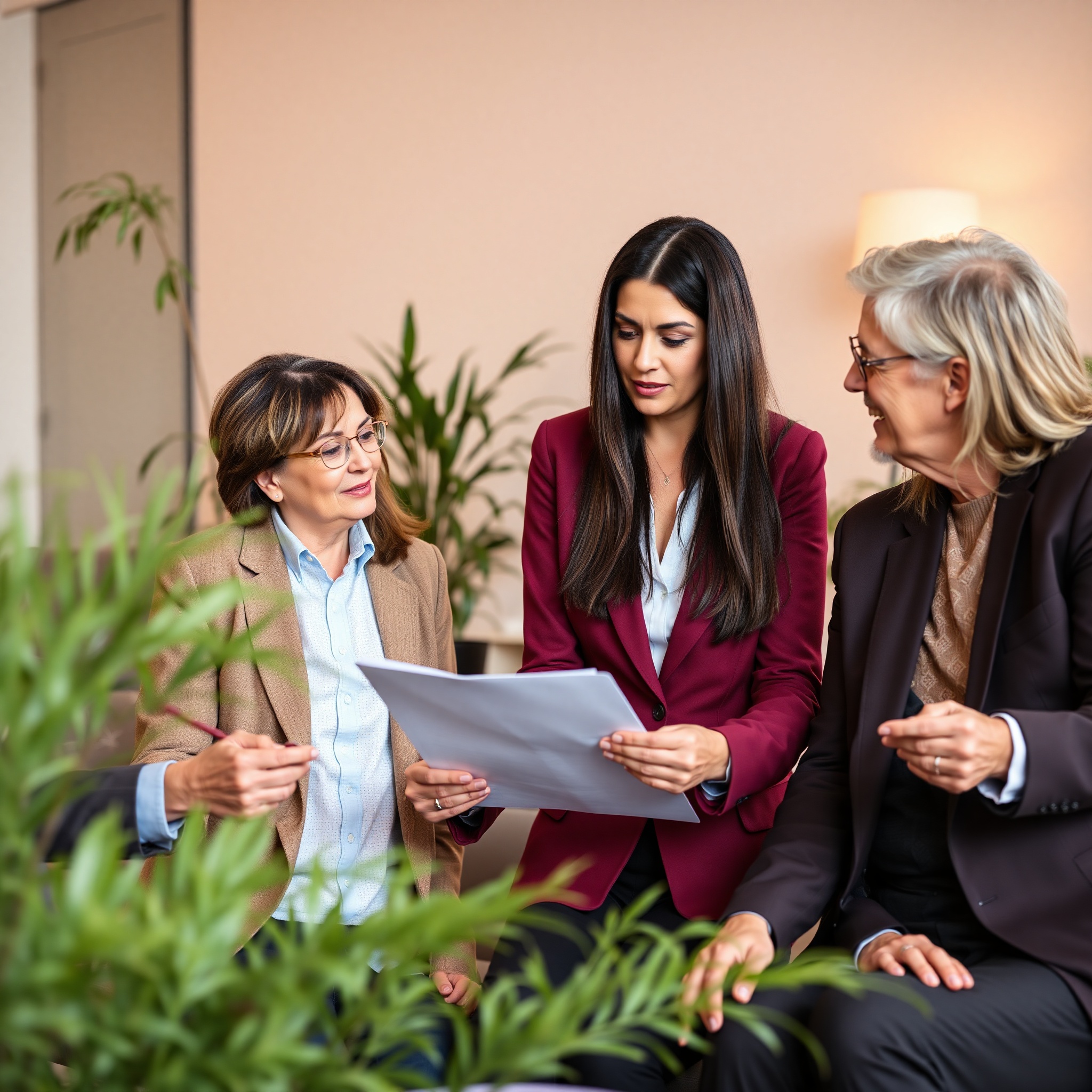 Financial advisor woman of Hispanic descent discussing retirement plan with client couple in professional office setting