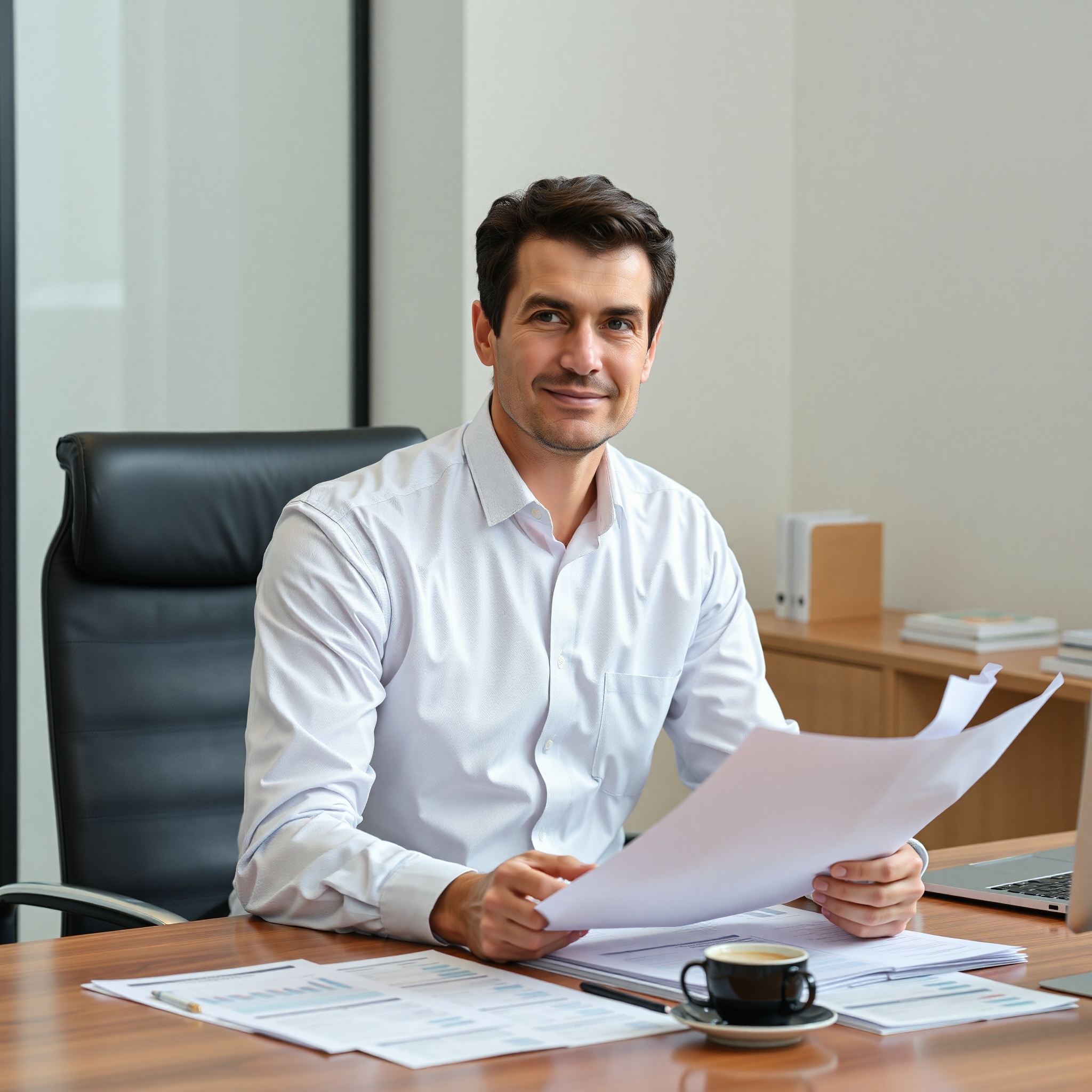 Professional man of Middle Eastern descent in business attire studying financial documents at modern office desk