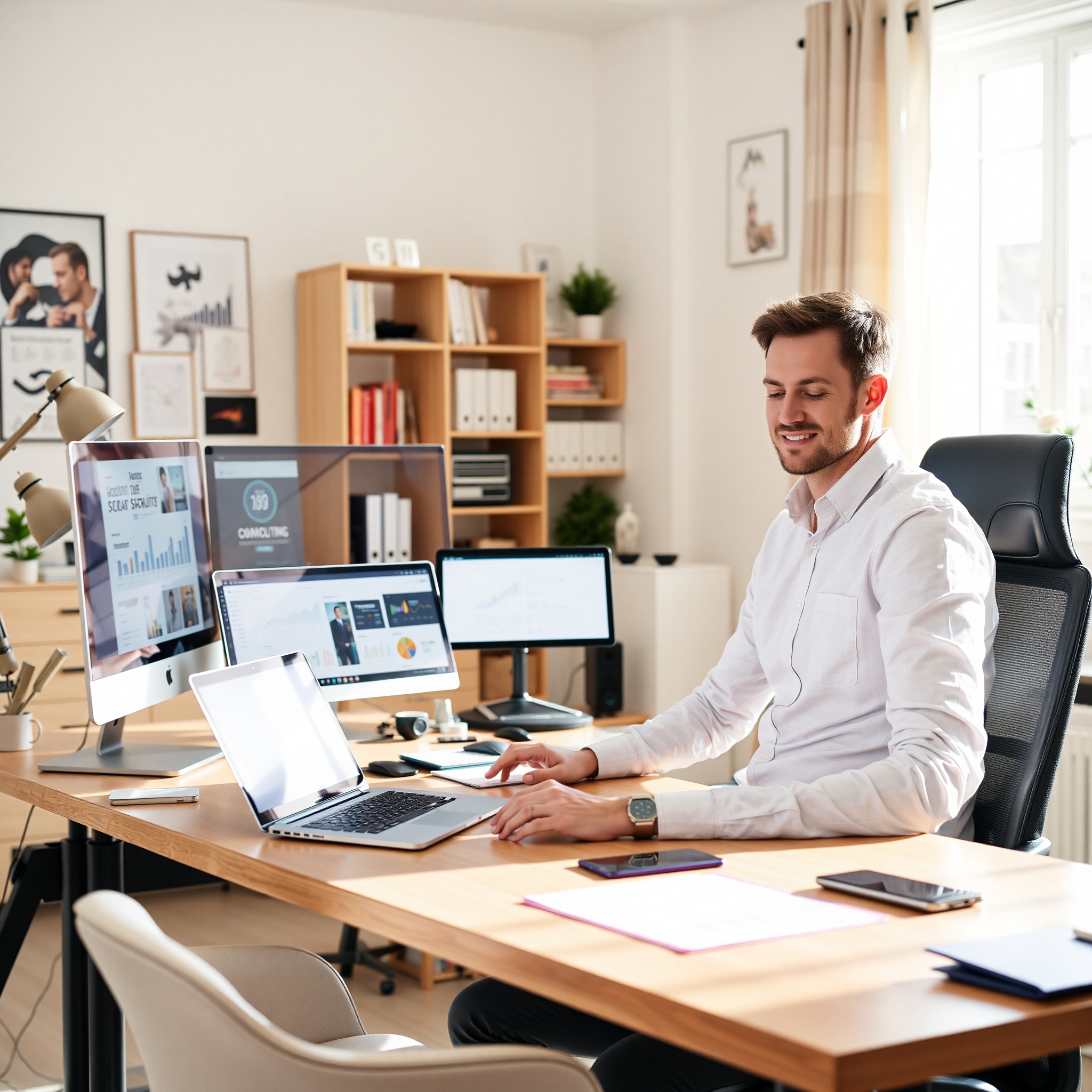 Entrepreneur managing diverse income sources on digital dashboard with multiple revenue streams