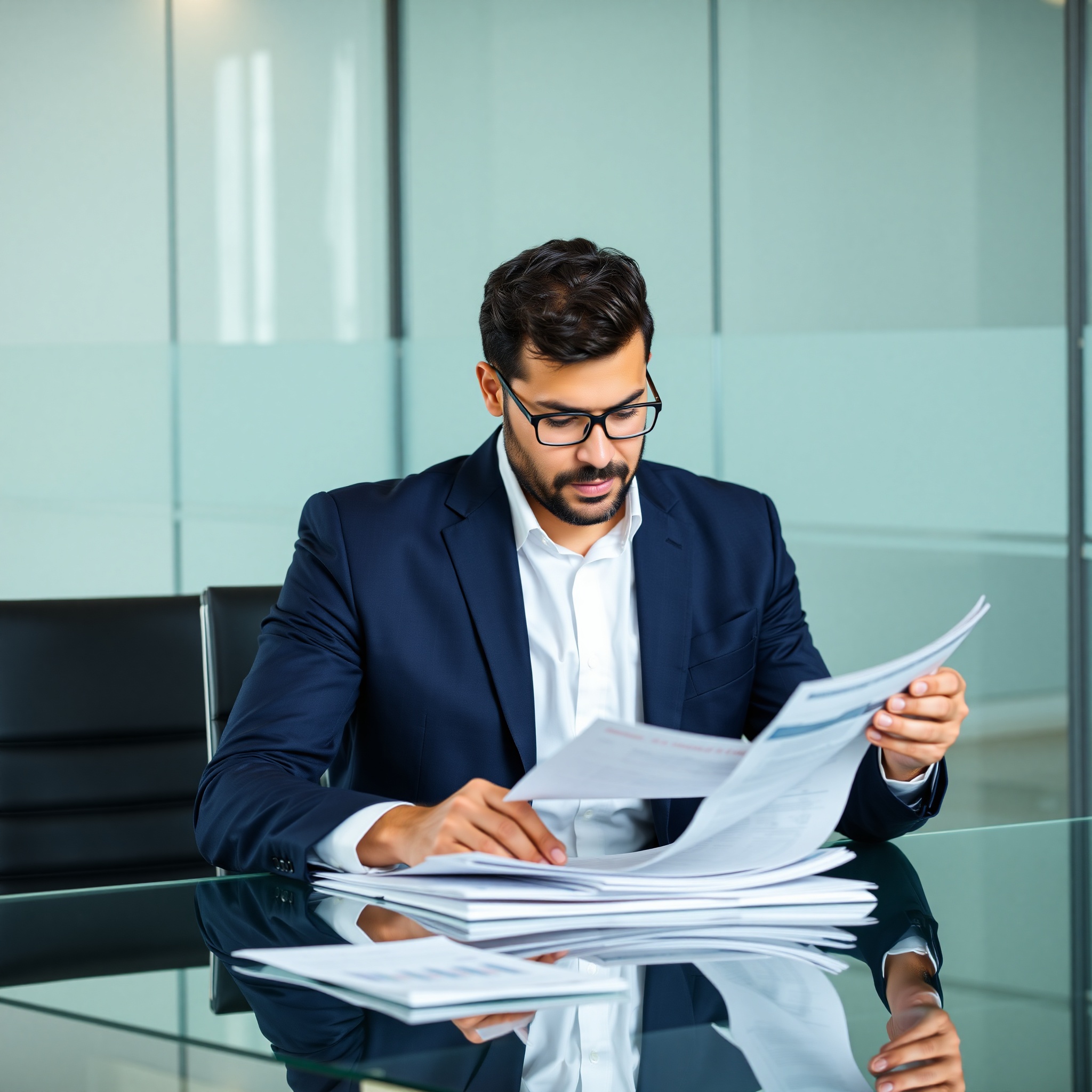 Professional man of Middle Eastern descent in business attire studying financial documents at modern office desk