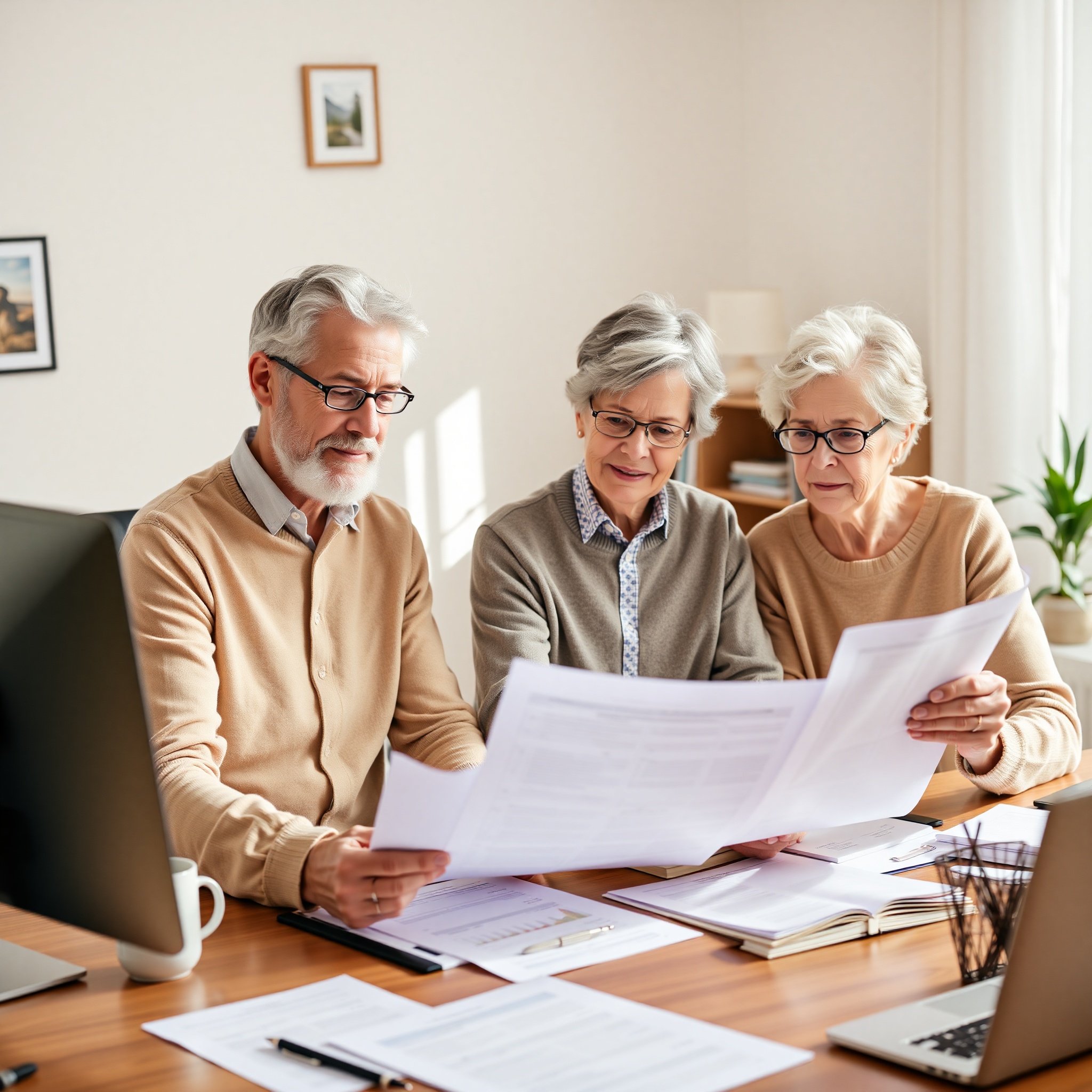 Mature couple reviewing retirement plan documents together in comfortable home office environment