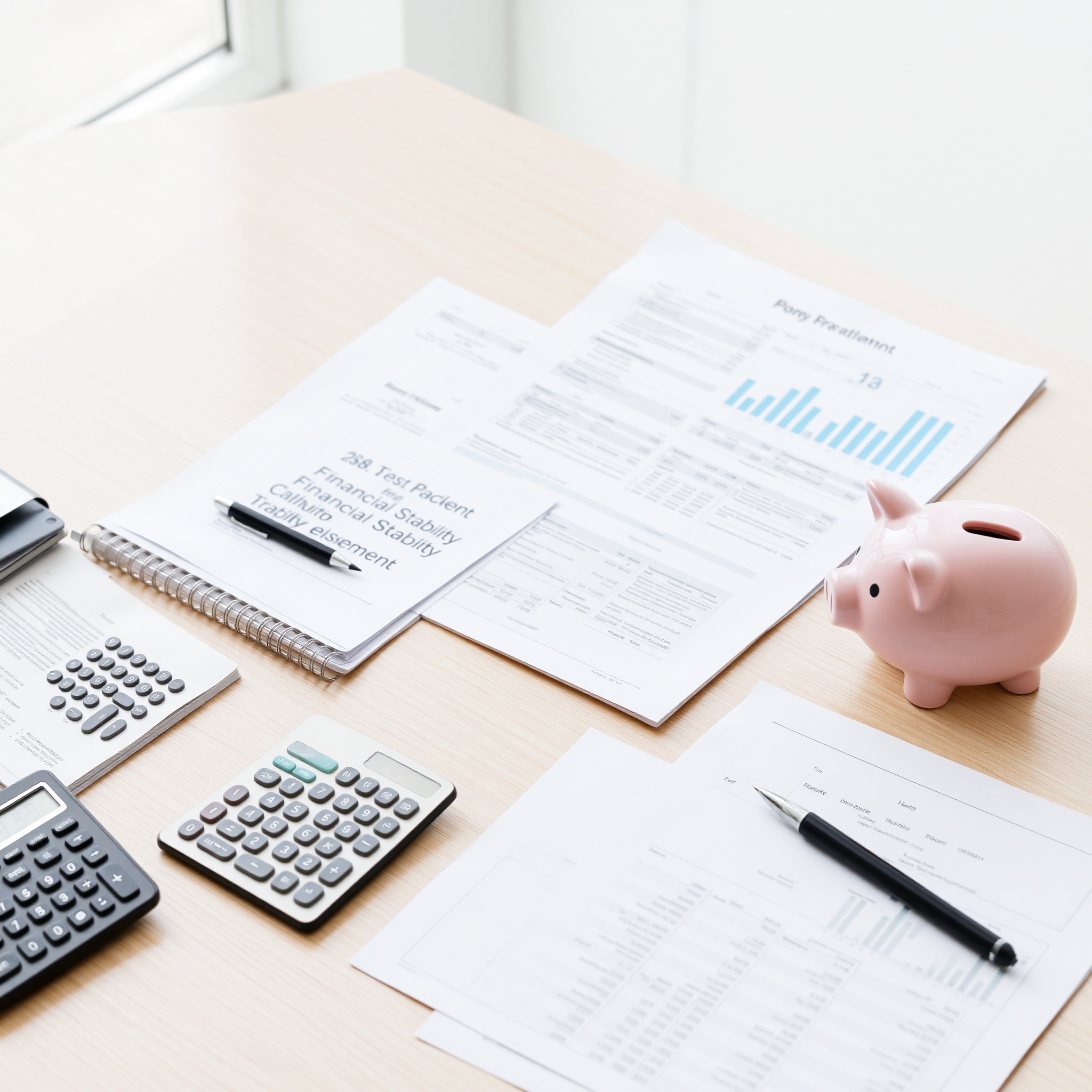 Professional workspace with financial documents, calculator, and notebook showing savings planning