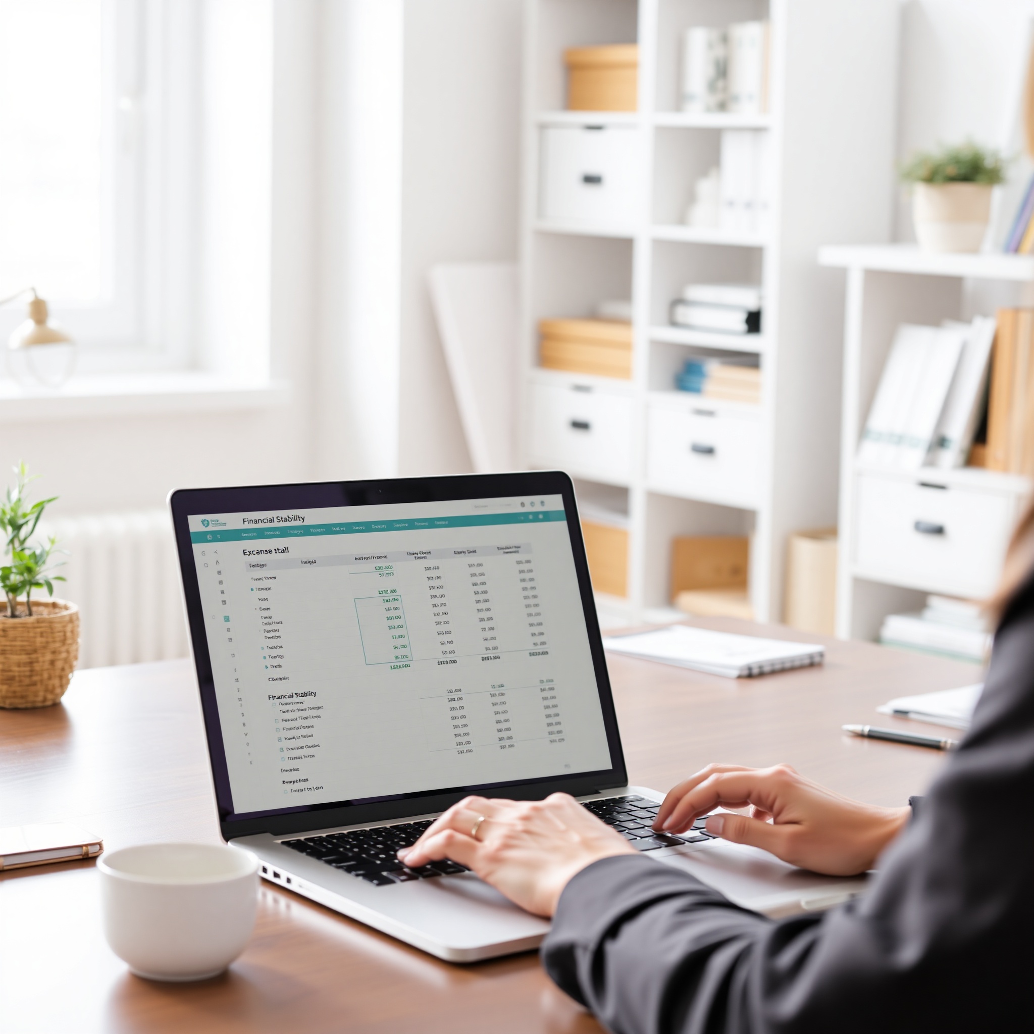 Professional reviewing balanced budget spreadsheet with income and expense categories