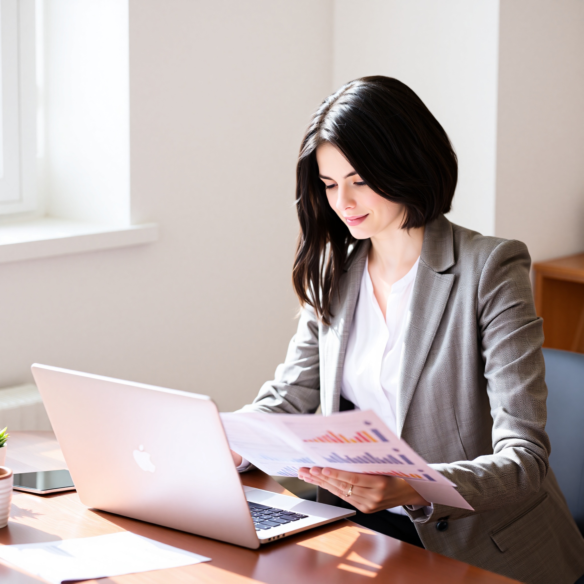 Young professional woman reviewing monthly budget spreadsheet at laptop in bright home office