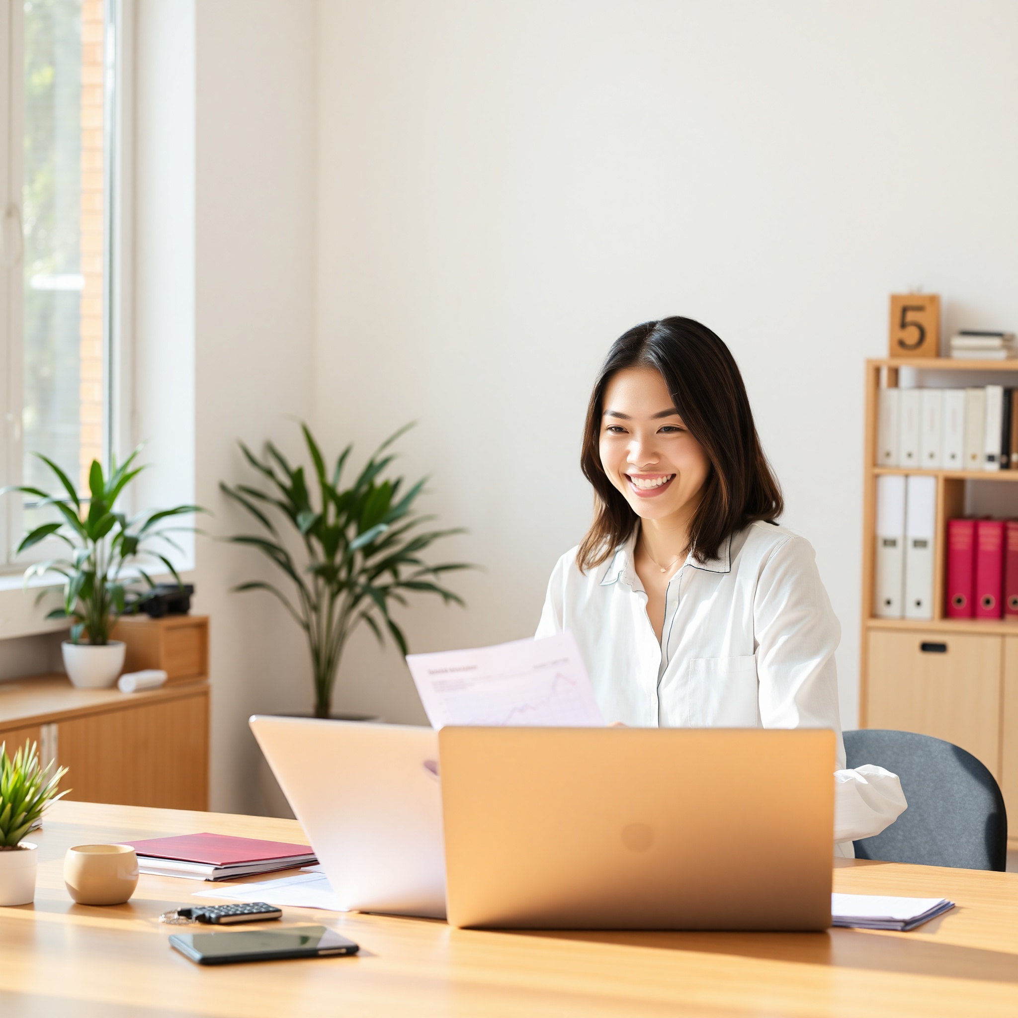 Young professional woman reviewing monthly budget spreadsheet at laptop in bright home office